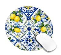 Alfombrilla de mouse pequeña de limón, diseño de hojas de flores mediterráneas, color amarillo, redondo, de goma, suave, estético, ideal para el hogar, oficina, escritorio, laptop, jugadores, regalo