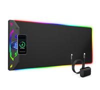 Alfombrilla de mouse RGB 2 en 1 para juegos con carga inalámbrica magnética para teléfono, tamaño grande de 31.5 x 15.8 pulgadas, 24 efectos de luz, base antideslizante, superficie ultra lisa