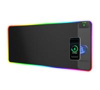 Alfombrilla de mouse RGB 2 en 1 para juegos con carga inalámbrica para teléfono, tamaño grande, 31.5 x 11.8 pulgadas, 24 efectos de luz, base antideslizante, superficie ultra lisa impermeable, sin