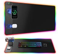 Alfombrilla de mouse RGB para juegos con carga inalámbrica magnética y soporte para teléfono, 31.5 x 15.8 pulgadas, grande, 25 efectos de luz, base antideslizante, superficie ultra suave impermeable