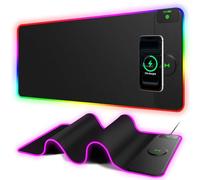 Alfombrilla de mouse RGB para juegos con cargador inalámbrico magnético de 15 W, alfombrilla de escritorio LED grande de 31.5 x 11.8 pulgadas, 24 efectos de iluminación con base de goma antideslizante