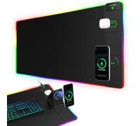 Alfombrilla de mouse XXL RGB LED para juegos con carga inalámbrica magnética y soporte plegable para teléfono, almohadilla de escritorio ultra suave extendida de 31.5 x 15.8 pulgadas, 25 efectos de