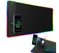 Alfombrilla de mouse XXL RGB LED para juegos con cargador inalámbrico magnético y soporte plegable para teléfono, 31.5 x 11.8 pulgadas, alfombrilla de escritorio ultra suave extendida, 25 efectos de