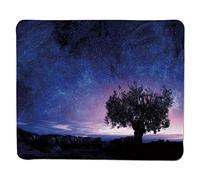 Alfombrilla de ratón Cielo Nocturno, Cielo Estrellado Cosmos Estrellas con un Solo árbol de arbusto Entre Rocas Obra de Arte Decorativo, Morado Oscuro y Borde Cosido Negro