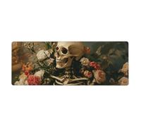 Alfombrilla de ratón con diseño de El hombre esqueleto se encuentra entre las flores en una gran base de goma antideslizante extendida con bordes cosidos, alfombrilla de mouse grande para computadora