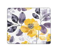 Alfombrilla de ratón con diseño de flores amarillas y grises, acuarela, floral, con bordes cosidos, base de goma antideslizante, para PC y portátil, 30 x 25 cm
