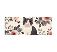 Alfombrilla de ratón con diseño de gato con flores blancas y negras en gran base de goma antideslizante con bordes cosidos, alfombrilla de mouse grande para computadora de juegos, 11.8 x 31.5 pulgadas