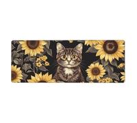 Alfombrilla de ratón con diseño de gato entre los girasoles en una gran base de goma antideslizante extendida con bordes cosidos, alfombrilla de mouse grande para computadora de juegos, 11.8 x 31.5