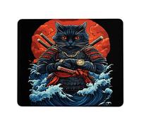 Alfombrilla de ratón con diseño de gato samurai negro, rojo y azul, diseño retro de guerrero japonés, tapete de escritorio con borde cosido para juegos y oficina, antideslizante, lavable, para el
