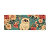 Alfombrilla de ratón con diseño de gato sentado entre las flores en una gran base de goma antideslizante con bordes cosidos, alfombrilla de mouse grande para computadora de juegos, 11.8 x 31.5