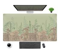 Alfombrilla de ratón con diseño de hojas verdes y setas de bosque beige, tamaño XXL (80 x 40 cm). Compatible con ordenadores de sobremesa y