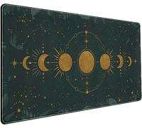 Alfombrilla de ratón Dark Academia, bosque verde, XXL, tapete de escritorio con fases lunares doradas, para ordenador, teclado y ratón, base de goma antideslizante con bordes cosidos, 80 x 40 cm