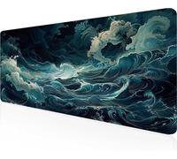 Alfombrilla de Ratón Gaming Olas del OcéAno, Alfombrilla Ratón XXL 1600x800x3mm, Grande Negro Mouse Pad con Bordes Cosidos, Impermeable Base de Antideslizante Caucho Tapete Rato PjY10070 6-9
