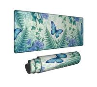 Alfombrilla de ratón grande con diseño de mariposa, flores de la naturaleza, helecho, primavera, azul, goma, lavable, estética, extendida, decoración para el hogar, oficina, trabajo, juegos