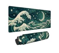Alfombrilla de ratón grande con diseño de olas del océano y la noche de | Alfombrilla de ratón XXL, diseño de luna creciente, diseño de cielo estrellado, estética de corte de papel