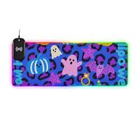 Alfombrilla de ratón grande con estampado de leopardo azul oscuro y morado para Halloween Joy Wirel Charging, no lavable, de estudio, de 35.4 x 15.7 pulgadas