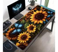 Alfombrilla de Ratón Grande Ordenador XXL 1000x500x2 mm, Girasol Mariposa Azul Mousepad Extendido para Teclado con Base de Caucho Natural, Protector de Escritorio Duradero y Cómodo para Laptop, PC