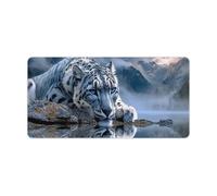 Alfombrilla de ratón para juegos Snow Leopard Mountain Reflect, base de goma antideslizante, grande, con bordes cosidos, impermeable y lavable, para escritorio, hogar, oficina, juegos, 23.6" x 11.8"