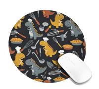Alfombrilla de ratón pequeña con diseño de dinosaurio, diseño de dibujos animados, gorro de chef, batidor, color gris, redondo, de goma, antideslizante, con borde cosido, decoración para el hogar
