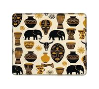 Alfombrilla de ratón pequeña con diseño de elefante, máscara artística étnica, maceta cuadrada negra, de goma, lavable, borde cosido, de tela, decoración para el hogar, oficina, trabajo, juegos