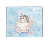 Alfombrilla de ratón pequeña con diseño de gatito, bonita taza de té, cerezas, flores, primavera, azul, cuadrada, de goma, suave, portátil, accesorios para oficina, hogar, computadora, laptop