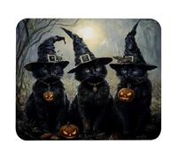 Alfombrilla de ratón pequeña con diseño de Halloween: sombrero de bruja, gatos negros y calabaza. Alfombrilla de escritorio cómoda con base de goma antideslizante. Alfombrilla de ratón de 20 x 24 cm