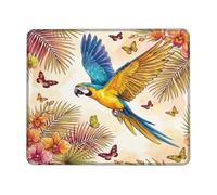 Alfombrilla de ratón pequeña de guacamayo, mariposas tropicales vibrantes orquídeas, verano, azul, cuadrado, goma, antideslizante, borde cosido, accesorios para oficina, hogar, computadora, laptop