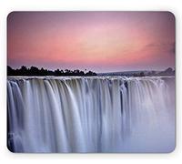 Alfombrilla de ráton Waterfall, Grand Majestic Waterfalls Vista al Atardecer en África Wild Mist Exotic Land Foto, Tamaño estándar Rectángulo Antideslizante Alfombrilla de ráton de Goma, White Pink