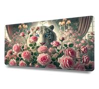 Alfombrilla de ratón XXL 1200x600x3mm-con Bordes cosidos-Antideslizante-Mouse Pad Gaming-Superficie Especial-Accesorios de Oficina-para Precisión y Velocidad en Juegos-Tigre Blanco con Rosas Rosadas