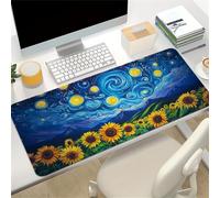 Alfombrilla de Ratón XXL 600x300x2mm, Alfombrilla de Escritorio Grande Girasoles Cielo Estrellado, Mouse Pad Gaming Antideslizante con Bordes Cosidos para Teclado, PC y Oficina