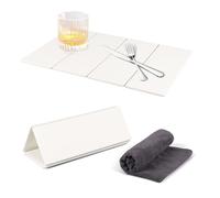 Alfombrilla Escurreplatos de Diatomita, 60x40cm Alfombra de Secado de Piedra Plegable con Toalla, Escurridor de Platos Absorbente Piedra, Secado Rápido, para Fregadero y Cocina Bano Encimera, Blanco