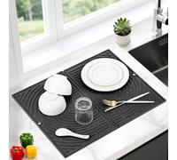 Alfombrilla Escurreplatos Silicona, Grande Alfombra Secaplatos para Cocina Fregadero, Bandeja Escurridor Plegable, Antideslizante, Secado Rápido, Resistente al Calor, 51×41cm (Negro)