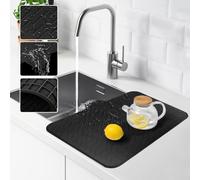 Alfombrilla grande de silicona para secar platos con diseño de rampa de drenaje, 58 x 43 cm, resistente al calor, para encimera de cocina, apto para lavavajillas en gris o negro (negro)