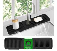 Alfombrilla para Grifo de Fregadero de Cocina, Protector contra Salpicaduras de Silicona con Secado rápido y Soporte para Esponja y jabón para Platos (Negro, 24"x 5.5")