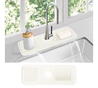Alfombrilla para Grifo de Fregadero de Cocina, Protector contra Salpicaduras de Silicona con Secado rápido y Soporte para Esponja y jabón para Platos (Blanco, 14.6"x 5.5")