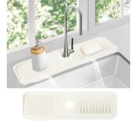 Alfombrilla para Grifo de Fregadero de Cocina, Protector contra Salpicaduras de Silicona con Secado rápido y Soporte para Esponja y jabón para Platos (Blanco, 17.6"x 5.5")