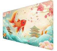Alfombrilla Ratón 600x400x3mm Mouse Pad Japón Alfombrilla Ratón XXL, Tamaño Grande, Bordes Cosidos, Impermeable, Base de Goma Antideslizante, Mejora la Precisión y la Velocidad, PC, Carpa koi Y7-1165