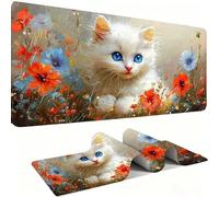 Alfombrilla Ratón XXL Alfombrilla Escritorio 900 x 400 mm Mouse Pad Gaming Precisión y la Velocidad, tapete escritorio Base de Goma Antideslizante y Bordes Cosidos Oficina, Gato blanco Flores 3 w0w845