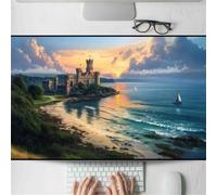 Alfombrilla Ratón XXL Castillo de la Playa, 1200x600x3mm Antideslizante Alfombrilla Escritorio, Mejora la Precisión y Velocidad, Grande Tamaño Mouse Pad con Bordes Cosidos para Oficina, Hogare