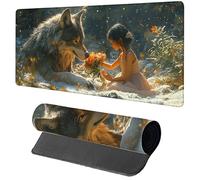 Alfombrilla Ratón XXL Lobo, Alfombrilla Escritorio 600x300x3mm Flor, Mousepad Gaming con Base de Goma Antideslizante, Protector Escritorio, Desk Mat con Bordes Cosidos, Accesorios Gaming, PC 6-4746