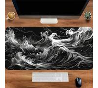 Alfombrilla Ratón XXL Ola Negra, 600x300x2mm Antideslizante Alfombrilla Escritorio, Mejora la Precisión y Velocidad, Grande Tamaño Mouse Pad con Bordes Cosidos para Oficina, Hogare