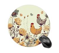 Alfombrilla redonda para mouse con diseño de gallina volando con mariposas entre flores, divertida y pequeña, impermeable, antideslizante, de goma, para juegos, decoración del hogar, oficina