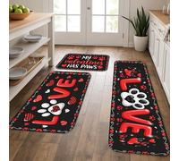 Alfombrillas de cocina con estampado de huellas para el día de San Valentín, diseño de corazón negro y pata, tapetes suaves, lavables y antideslizantes para fregaderos de cocina, lavandería, 3