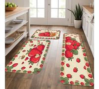 Alfombrillas de cocina de fresa para piso, lindo patrón de frutas, alfombras suaves, acolchadas de verano, cómodas, lavables, para fregaderos de cocina, lavandería, baño, 3 piezas