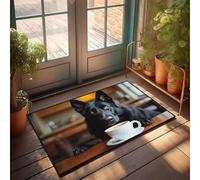 Alfombrillas de cocina de otoño para el suelo, un perro negro con ojos amarillos se sienta en una mesa, pateando en una taza de café, decoración al aire libre para decoración musical de patio (40 x 60