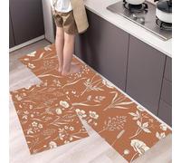 Alfombrillas de Cocina Flores Silvestres Pastos Tapetes de Cocina Plantas Retro Antideslizantes Alfombras Delgadas Resistente para Lavadero, Pasillo, y Comedor, 40x60cm+40x120cm Cerámica Marrón Cálido