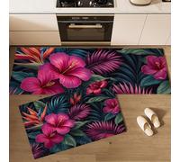 Alfombrillas De Cocina Hibisco Paraíso De Las Aves, Juego De 2 Tapetes De Cocina Antifatiga Flor Tropical Oscura, Alfombras Suaves, Lavables, Para Fregaderos De Cocinas, Lavadero, 45x75cm+45x150cm