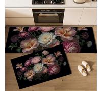 Alfombrillas De Cocina,Patrones Peonía Y Crisantemo Juego De Alfombras De Cocina De 2 Piezas,Pintura De Naturaleza Muerta De Plantas Alfombras De Cocinas Absorbentes De Agua,44×70Cm+44×120Cm, Negro