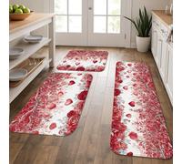 Alfombrillas de cocina románticas florales con diseño de corazones de rosas rojas, alfombras suaves, lavables para el día de San Valentín, alfombras antideslizantes para fregaderos de cocina