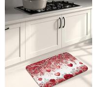 Alfombrillas de cocina románticas florales con diseño de corazones y rosas rojas, alfombras suaves para el día de San Valentín, lavables y antideslizantes para fregaderos de cocina, lavandería, baño